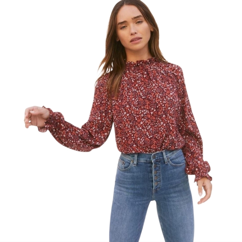 Reformation Theodora Floral Long Sleeve Smocked Neck Blouse